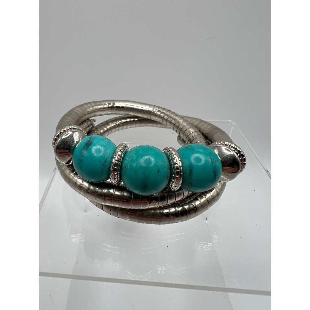 Faux Turquoise Bead Wrap Bracelet‎ Boho Western Minimalist Silver Tone Size 7